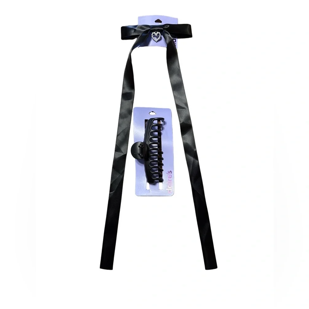 Black Satin Hair Ribbon with Heart Detail